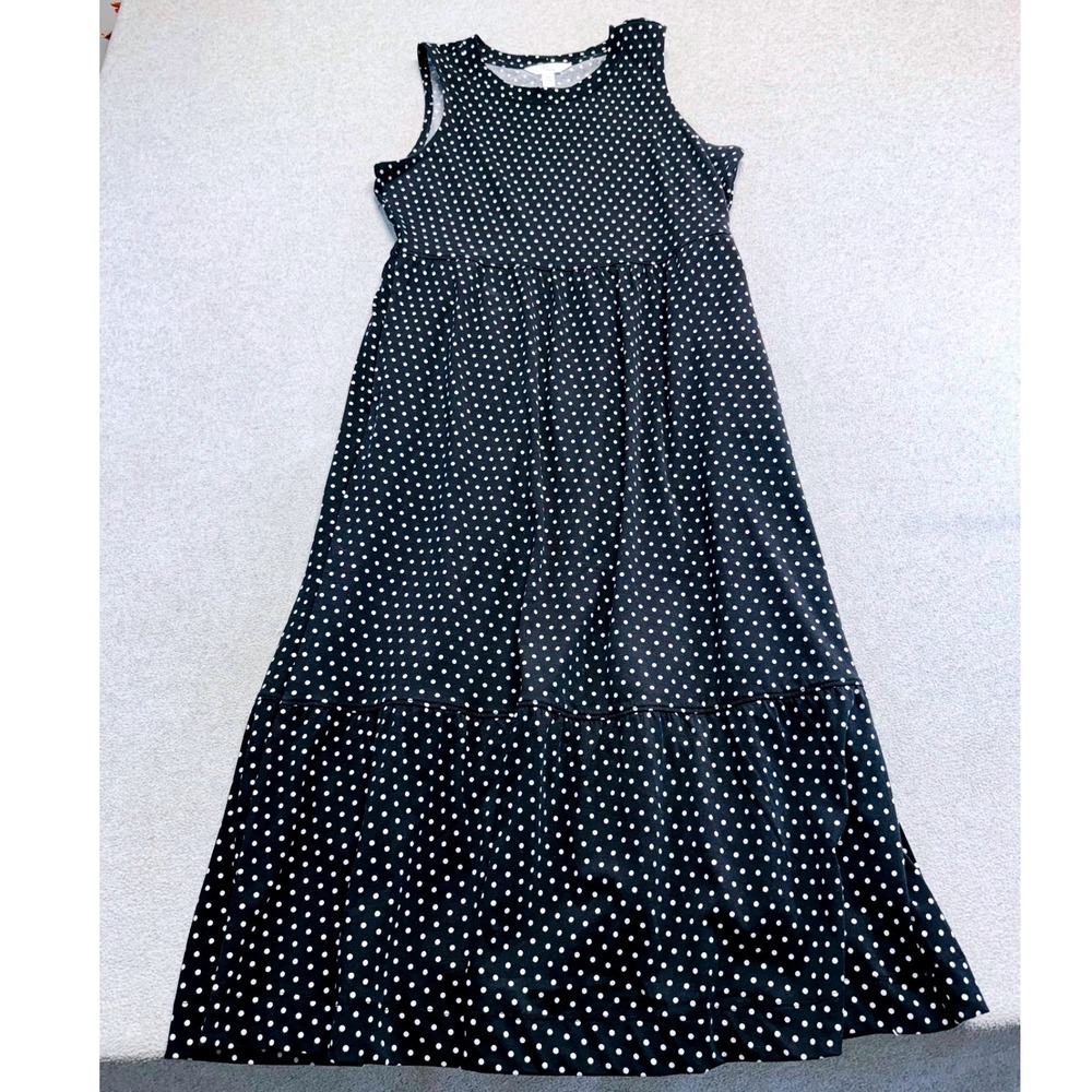 Time And Tru Maxi Dress Womens XS Black White Polka Dot Tiered Cotton Sleeveless